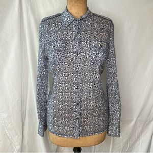 Tory Burch Cotton Collared Button Down Blouse Navy and White